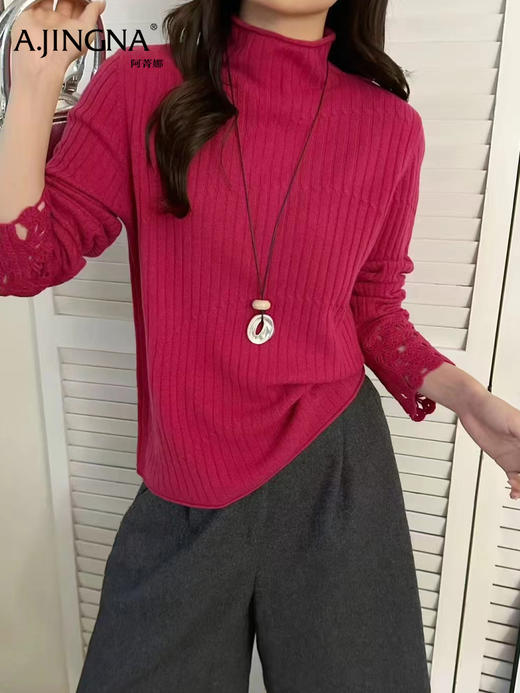 【镂空袖口】阿菁娜冬季新款手工钩花羊毛衫云感肌理自然卷边设计立体镂空袖口F30D302012 商品图5