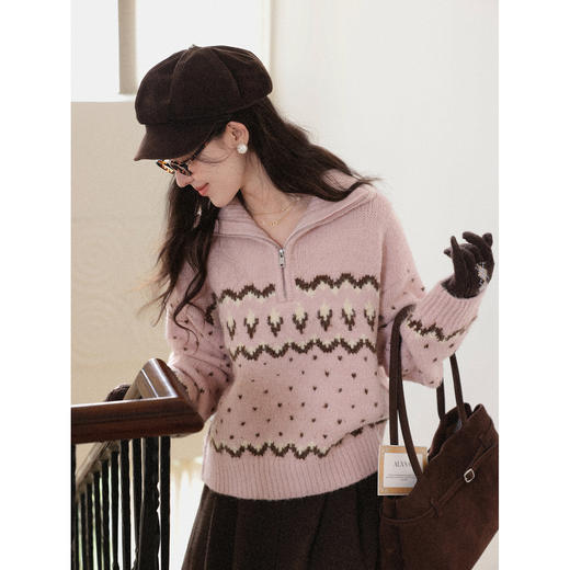 鹿向南「时光故事」粉色半拉链宽松翻领毛衣女秋冬费尔岛长袖上衣 商品图4