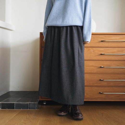 绽放817朵/羊毛混纺条纹A字双层全腰松紧文艺半身裙女中长款裙子 商品图0