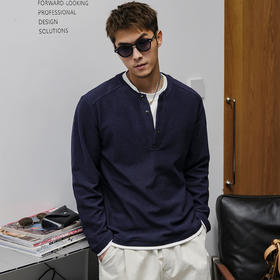 徐太浪【亨利领设计 夜空蓝】280g大码长袖T恤男春秋百搭通勤上衣