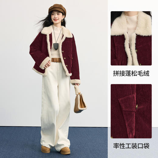 【周四狂欢价】熙世界巴恩风毛绒翻领拼接内胆90白鸭绒羽绒服短外套女2025冬装新款 商品图1