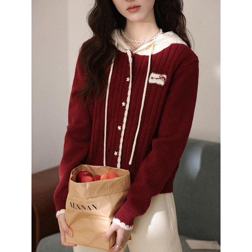 鹿向南「红韵映暖」红色假两件连帽长袖毛衣女秋冬设计感针织开衫 商品图3