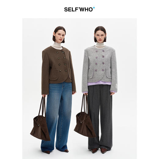 SELFWHO纯绵羊毛短款双面呢外套女2025冬新款垫肩双排扣毛呢外套 商品图3