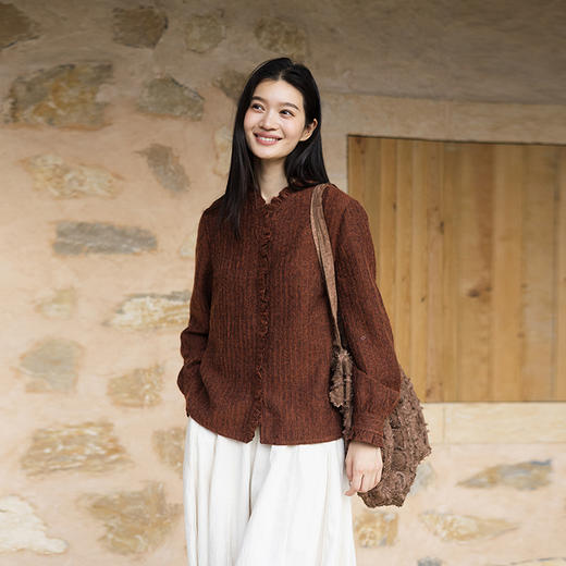 绽放734朵/砖红荷叶衫·羊驼羊毛亚麻棉人字纹肌理荷叶边长袖衬衫 商品图0