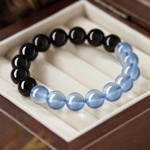 墨浪浮光·天然黑曜石冰种海蓝宝水晶手串 商品图5