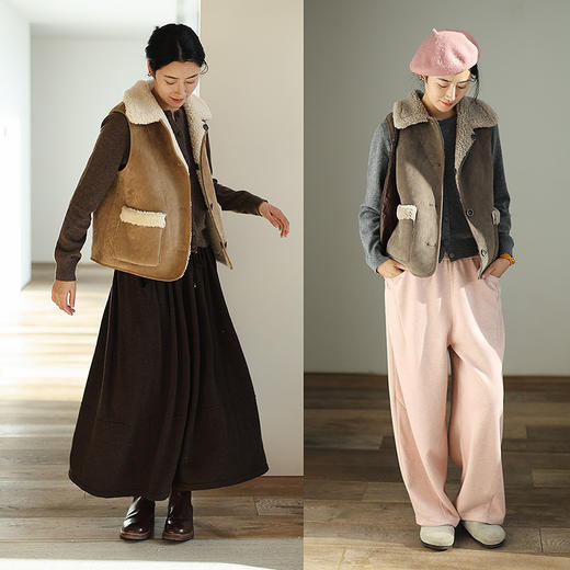 特绽放876朵/纯羊毛马夹双面穿麂皮羊羔毛撞色拼接叠搭马甲冬新款 商品图3