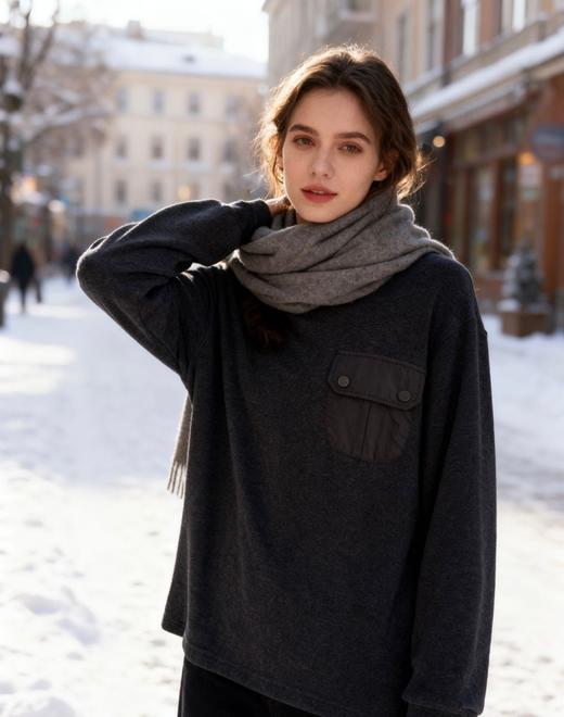 外贸出口 日系复古拼接口袋长袖 T 恤 商品图5