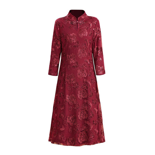XK 19363妈妈装蕾丝加绒旗袍连衣裙保暖立领刺绣气质裙 商品图3