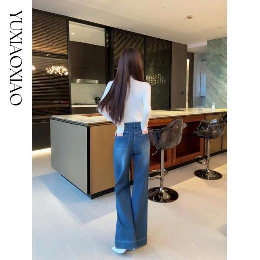 余潇潇【普鲁士甜心】层次感时髦重工精致蝴蝶结烫钻棉感直筒牛仔裤 商品图4