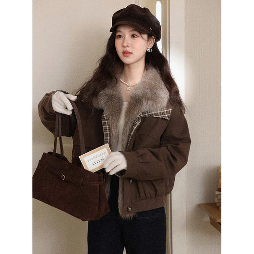 鹿向南「雅系暖调」90白鸭绒咖色羽绒服女2025冬季复古风短款外套 商品图0