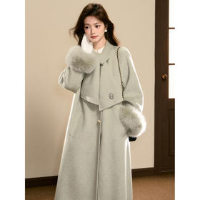 鹿向南「100%羊毛」绿色双面呢毛呢外套女冬季宽松高级感长款大衣