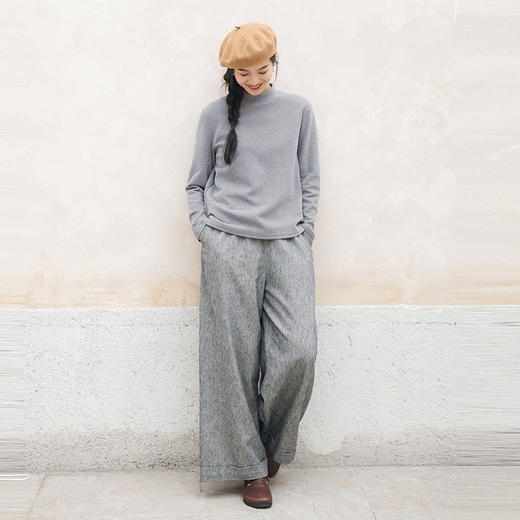 绽放804朵/百搭麻棉色织条纹全腰松紧休闲裤女文艺复古直筒阔腿裤 商品图2