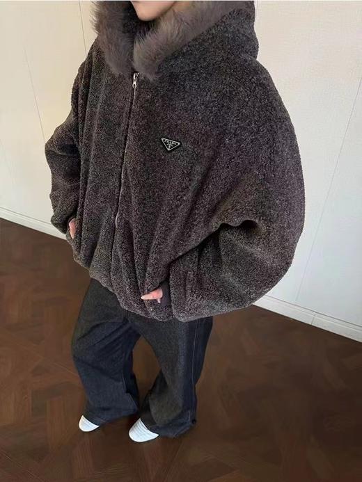 D120414冬季2025仿羊绒毛领高级灰连帽棉服外套男女同款 商品图2