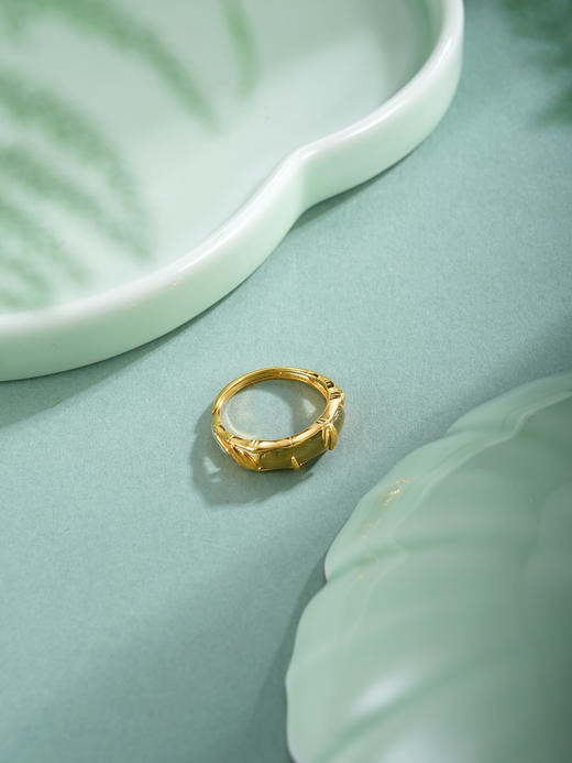 子佩集【竹福安好】银S925戒指【JZ07290】镀金竹节青玉古法银2511 商品图1