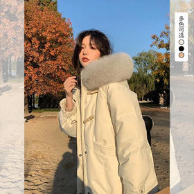 西遇中长款加厚棉服女冬季新款牛角扣大毛领连帽夹棉外套SS051932