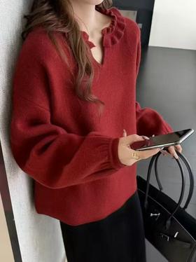 【YW】无忧购冬季领口木耳边剪刀领软糯羊毛针织衫毛衣女6625#（截单后3-5天发货）