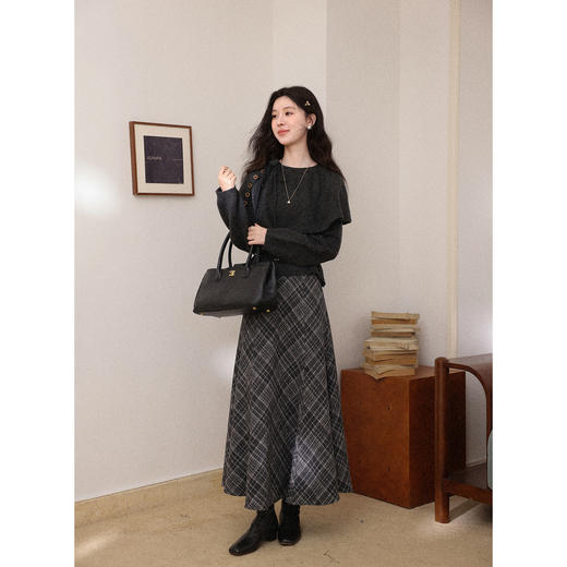 鹿向南「摩登画报」黑浅灰格复古毛呢半身裙女秋冬显瘦A字中长裙 商品图1