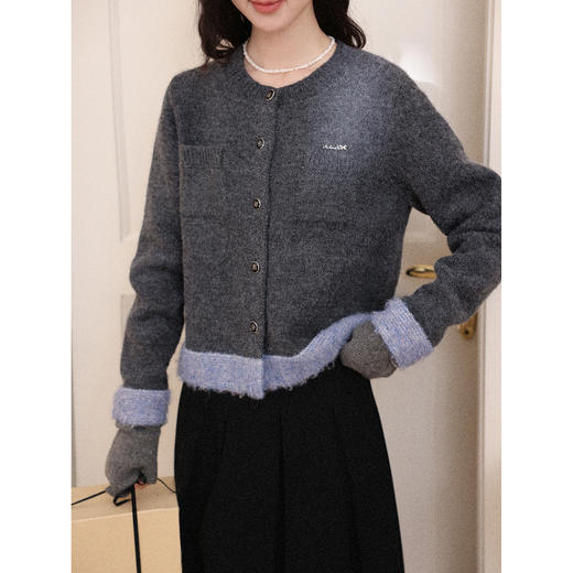 鹿向南「巴黎慢调」复古花灰色长袖毛衣女秋冬撞色设计感针织开衫 商品图3