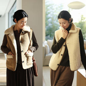 特绽放876朵/纯羊毛马夹双面穿麂皮羊羔毛撞色拼接叠搭马甲冬新款