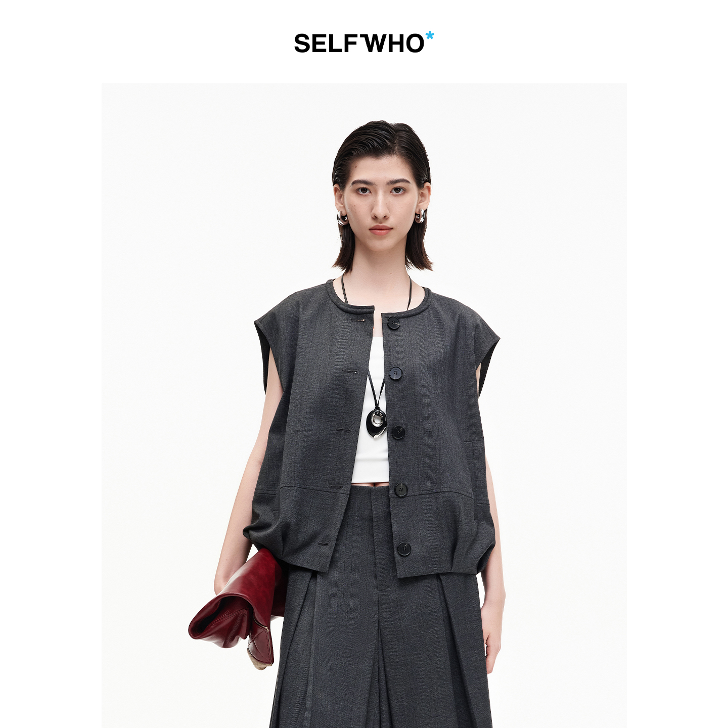 SELFWHO高智感夹克马甲女2026春季新款宽松落肩倒褶设计无袖马夹