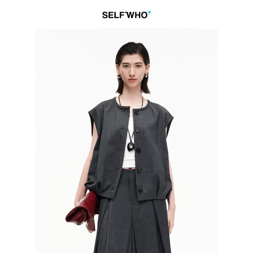 SELFWHO高智感夹克马甲女2026春季新款宽松落肩倒褶设计无袖马夹 商品图0