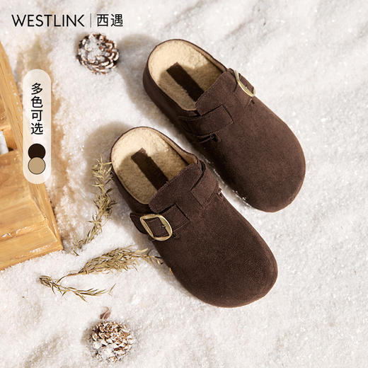 西遇厚底加绒勃肯鞋女冬季新款一脚蹬包头半拖鞋外穿毛毛棉拖K0057318 商品图0