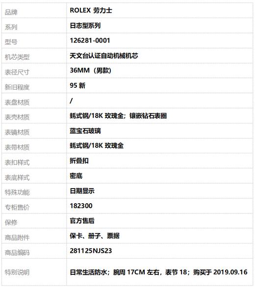 【95新】ROLEX 劳力士126281-0001天文台认证自动机械机芯36MM（男款）日志型系列蚝式钢/18K玫瑰金；镶嵌钻石表圈 281125NJS23 商品图10