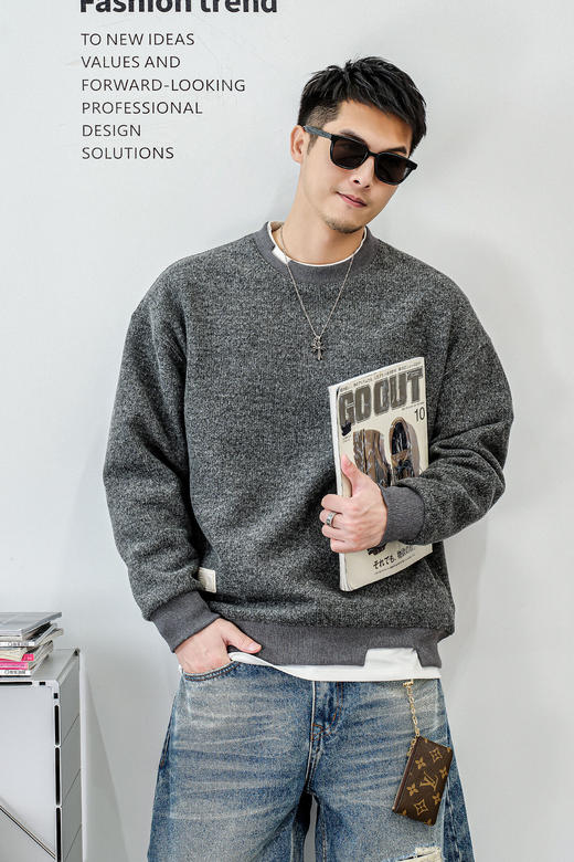 徐太浪【毛绒感 cleanfit】灰色假两件卫衣男秋冬款内搭打底上衣 商品图4