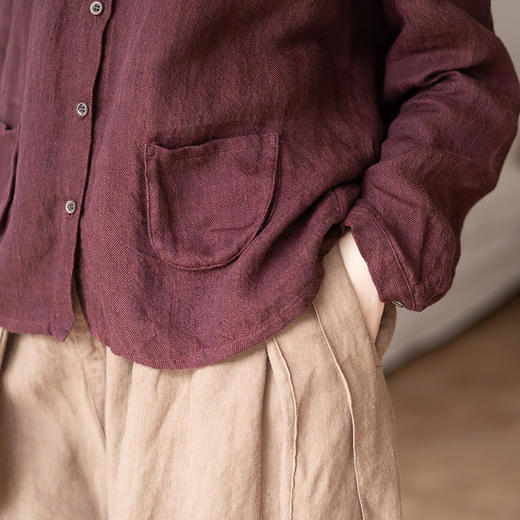 绽放799朵/色织亚麻法式文艺翻领长袖小口袋衬衫秋冬新款叠搭小衫 商品图3