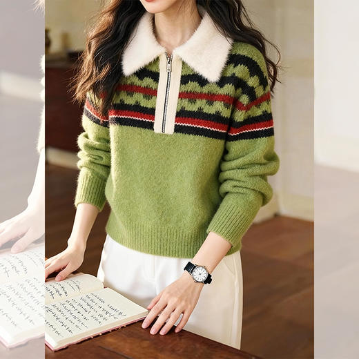 西遇慵懒风条纹撞色毛衣女2026年春季新款设计感软糯polo领上衣SS051917/K0060082 商品图1