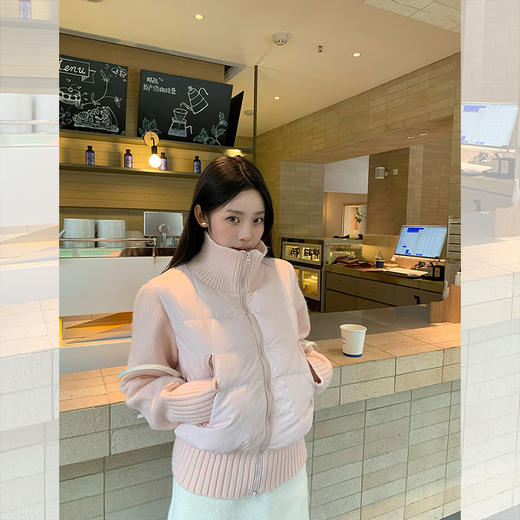 西遇立领针织拼接棉衣棉服女2025年冬季新款小个子短款假两件外套SS051925 商品图4