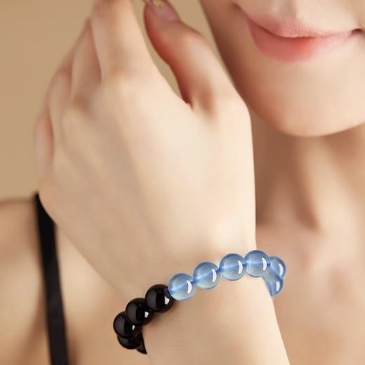 墨浪浮光·天然黑曜石冰种海蓝宝水晶手串 商品图2
