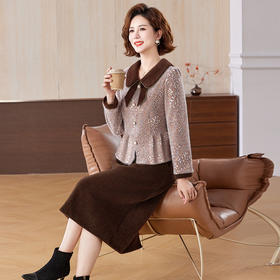 XK 92550小香风妈妈仿水貂绒连衣裙阔太太加厚裙两件套