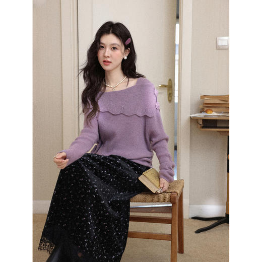 鹿向南「梦里星空」法式黑色半身裙秋冬新款显瘦高腰碎花A字裙女 商品图4