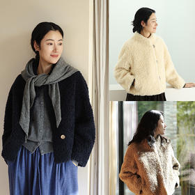 特绽放878朵/纯羊毛外套女宽松小v领羊羔毛厚外套小个子短款上衣