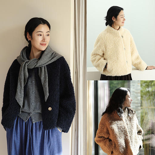 特绽放878朵/纯羊毛外套女宽松小v领羊羔毛厚外套小个子短款上衣 商品图0