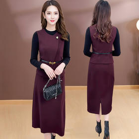 QYM 25B27圆领韩版修身两件套连衣裙后开叉裙