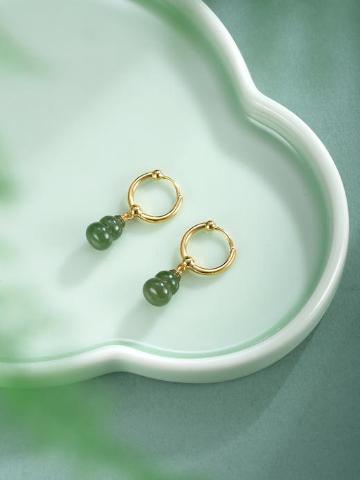 子佩集【福禄双收】银S925耳环【EJ00727】镀金葫芦和田碧玉圆圈扣环古法银2511 商品图7