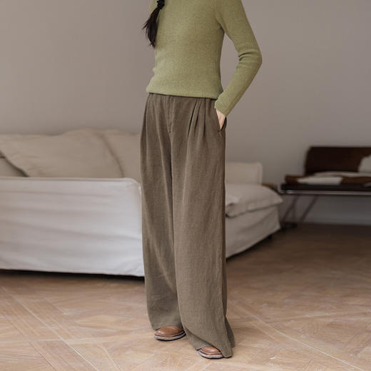 绽放666朵/加厚亚麻半腰松紧宽松阔腿裤女显瘦松弛感休闲裤冬新款 商品图0