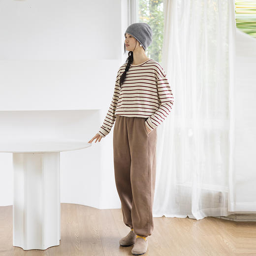绽放816朵/羊毛汉麻棉色纺纱圆领落肩条纹长袖T恤女冬打底衫内搭 商品图3