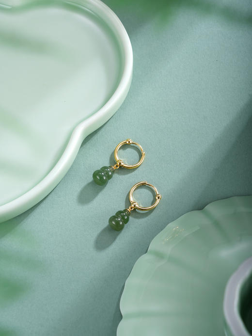 子佩集【福禄双收】银S925耳环【EJ00727】镀金葫芦和田碧玉圆圈扣环古法银2511 商品图6