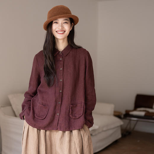 绽放799朵/色织亚麻法式文艺翻领长袖小口袋衬衫秋冬新款叠搭小衫 商品图1