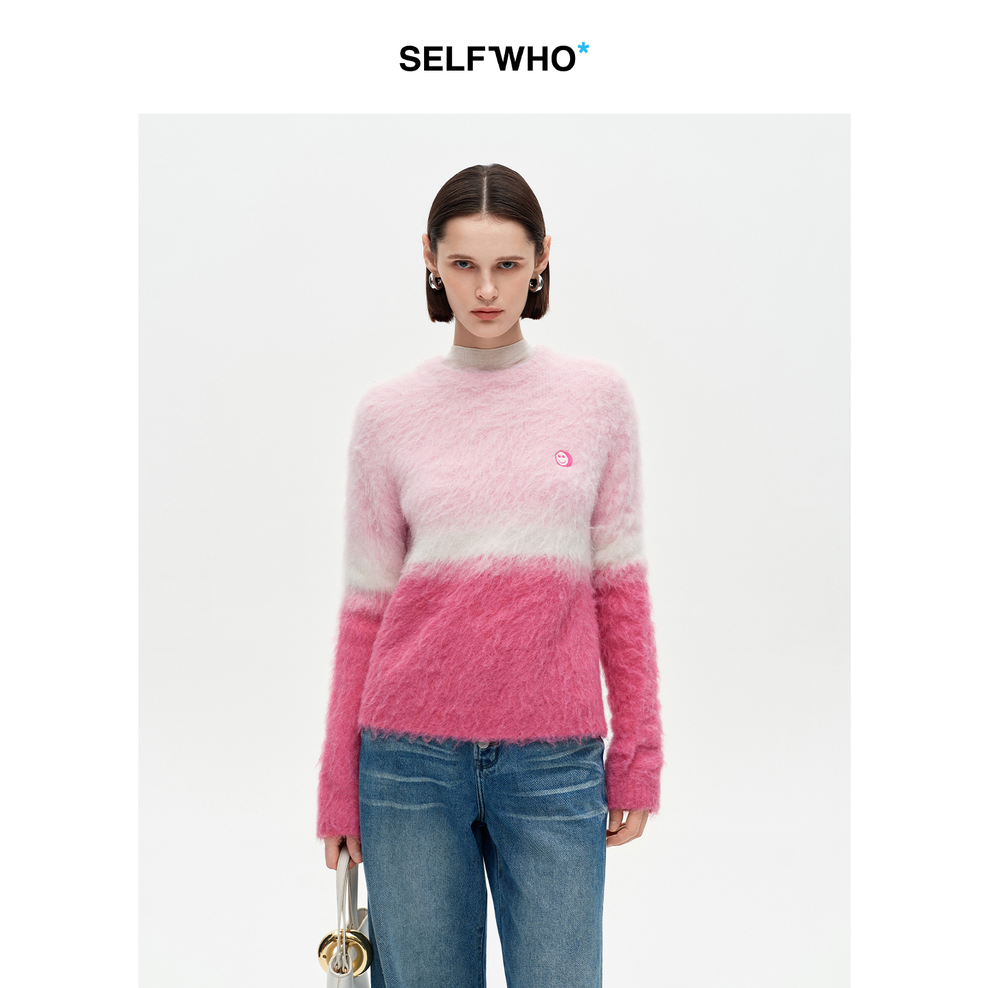 SELFWHO羊驼毛混纺渐变毛衣女2025冬季新款圆领落肩慵懒风针织衫