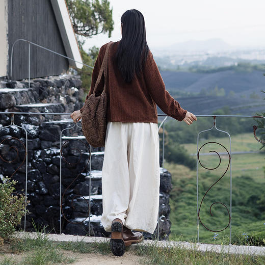 绽放734朵/砖红荷叶衫·羊驼羊毛亚麻棉人字纹肌理荷叶边长袖衬衫 商品图2