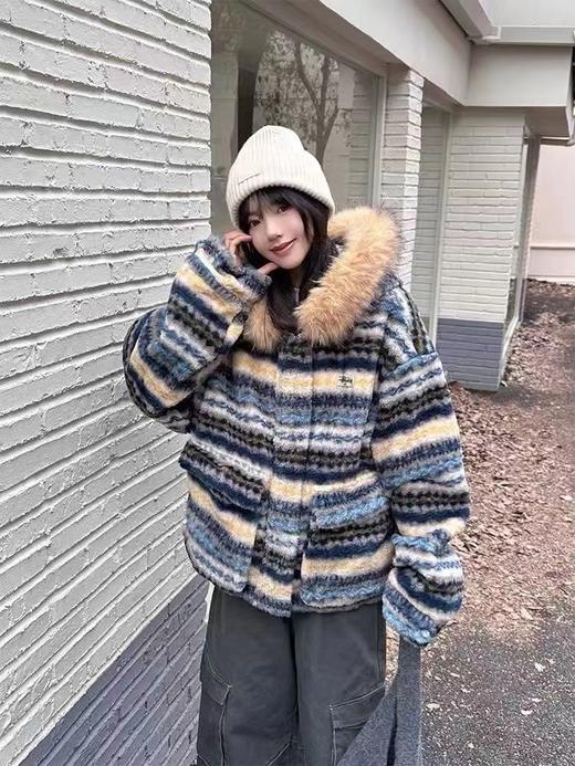 D120413新款2025复古撞色可拆卸毛领羊羔毛棉服外套 商品图12