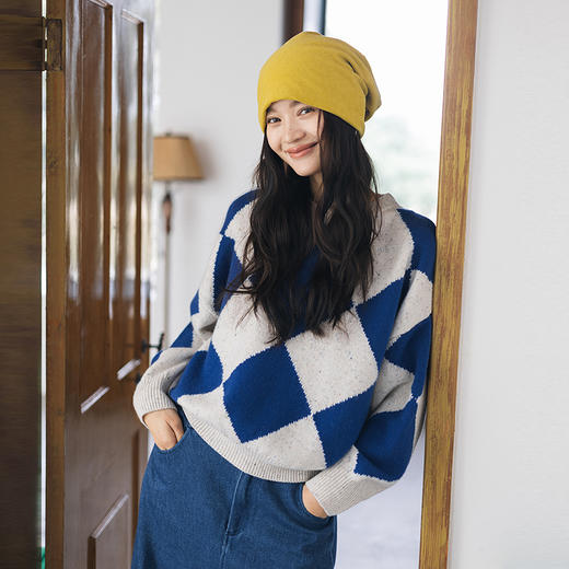 绽放857朵/蓝菱格·纯羊毛蓝白菱形格圆领宽松长袖毛衣新款羊毛衫 商品图1