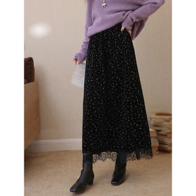 鹿向南「梦里星空」法式黑色半身裙秋冬新款显瘦高腰碎花A字裙女