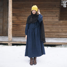 绽放820朵/加厚色织亚麻立领腰部加抽绳长袖连衣裙冬季内搭长裙女