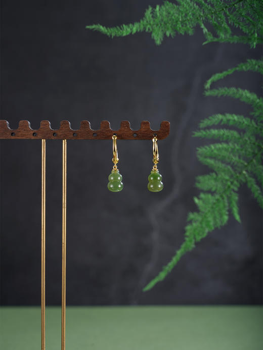 子佩集【福禄双收】银S925耳环【EJ00727】镀金葫芦和田碧玉圆圈扣环古法银2511 商品图2