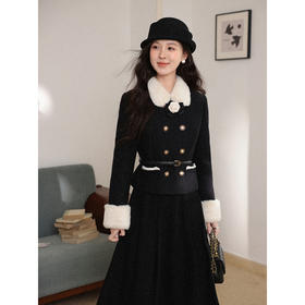 鹿向南「雅黑山茶」法式小香风黑色短外套女秋冬季显瘦高级感上衣